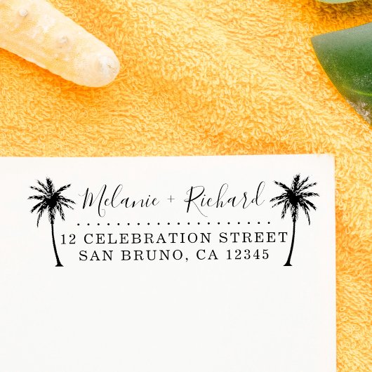 Elegant Script & Palm Trees Wedding Return-adres Zelfinktende Stempel