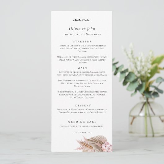 Elegant Script Pampas Grass Wedding  Menu (Staand voorkant)