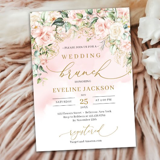 Elegant script pastel roze rozen bruiloft brunch kaart