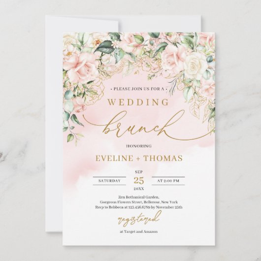 Elegant script pastel roze rozen bruiloft brunch kaart (Voorkant)