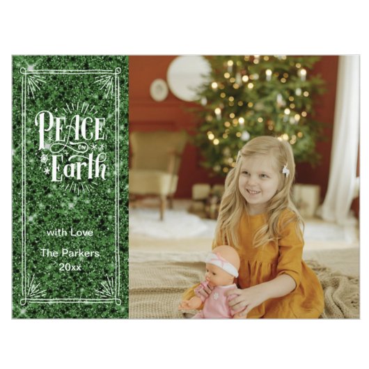 Elegant Script Peace on Earth Green Glitter Modern Feestdagenkaart
