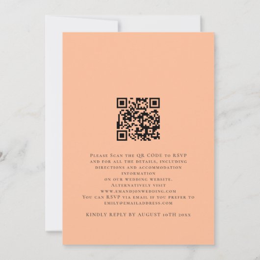 Elegant Script Peach QR Code Bruiloft Kaart (Achterkant)
