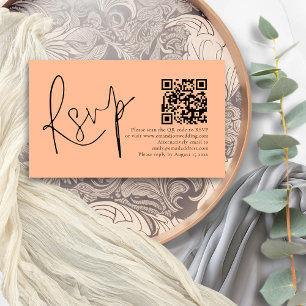 Elegant Script Peach QR Code Bruiloft RSVP Informatiekaartje