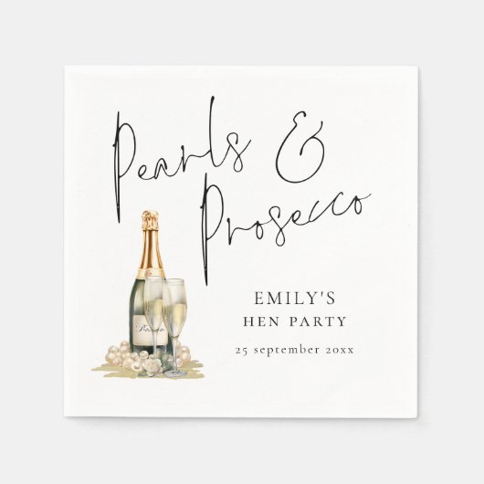 Elegant Script Pearls en Prosecco Hen Party Servet (Voorkant)