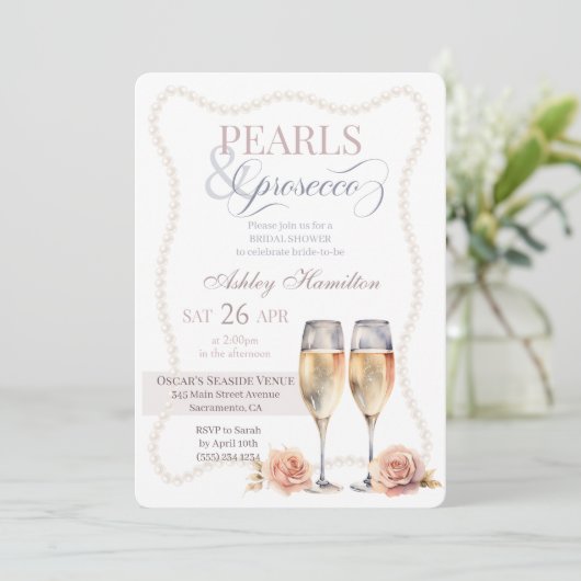 Elegant script Pearls & prosecco Vrijgezellenfeest Kaart (Staand voorkant)