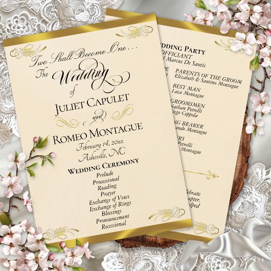 Elegant Script - Perzik Parel/Gouden Bruiloft Programmakaart
