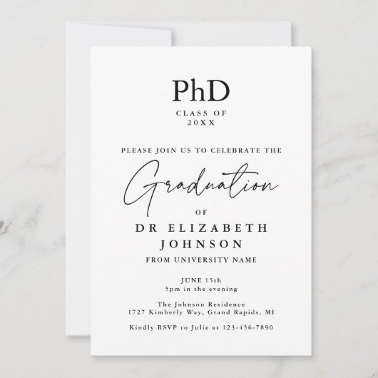 Elegant Script PhD Degree Foto Afstudeerfeest Kaart (Voorkant)