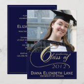 Elegant Script Photo Afstudeerder Invitation - bla Kaart (Voorkant / Achterkant)
