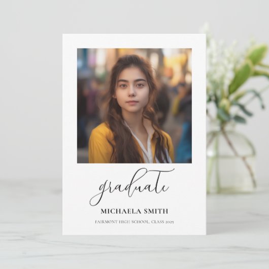 Elegant Script Photo Afstuderen Aankondiging (Staand voorkant)