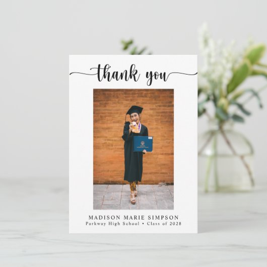 Elegant Script Photo Afstuderen Bedankkaart (Staand voorkant)