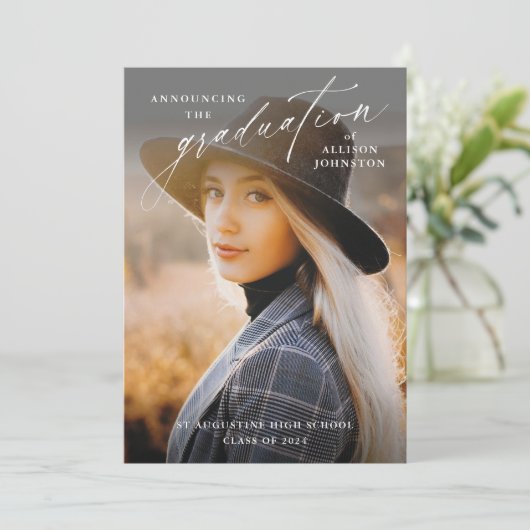 Elegant Script Photo Afstuderen Kaart (Staand voorkant)