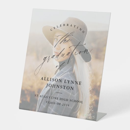 Elegant Script Photo Afstuderen Welkom Reclamebord Met Voetstuk (Voorkant)