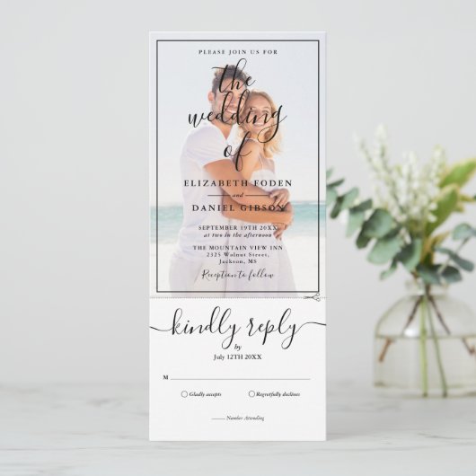 Elegant Script Photo All-in-One Weddenschap Kaart (Staand voorkant)