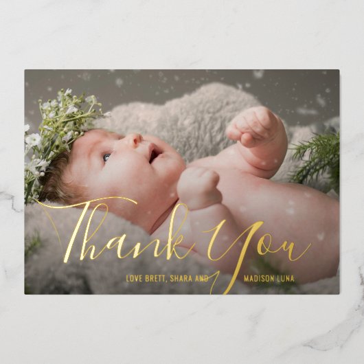 Elegant Script Photo Baby shower Hartelijk dank Folie Uitnodiging (Voorkant)