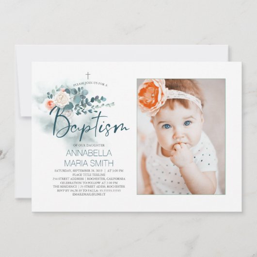 Elegant Script Photo Baptism Invitation Kaart (Voorkant)