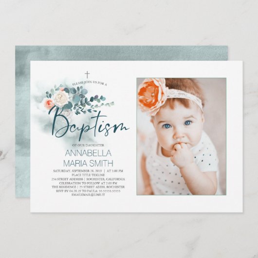Elegant Script Photo Baptism Invitation Kaart (Voorkant / Achterkant)