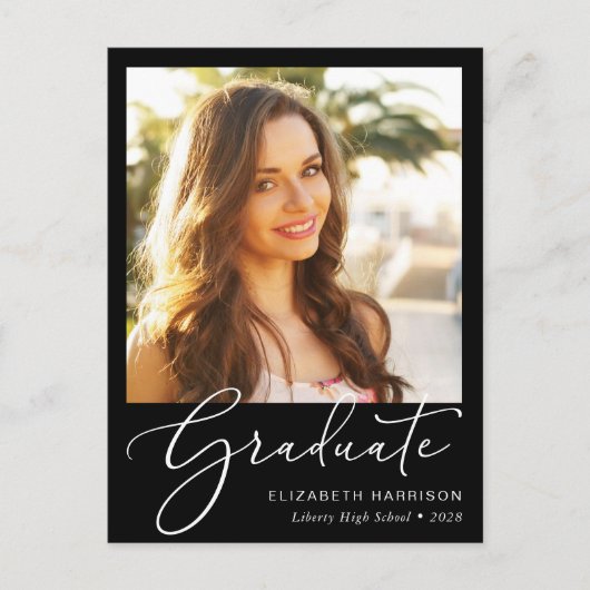 Elegant Script Photo Black Afstuderen Aankondigingskaart (Voorkant)