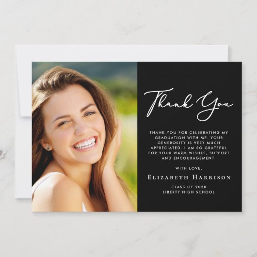 Elegant Script Photo Black Afstuderen Bedankkaart (Voorkant)