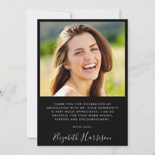 Elegant Script Photo Black Afstuderen Bedankkaart (Achterkant)