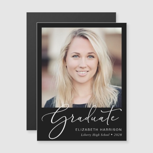 Elegant Script Photo Black Afstuderen Magnet Magnetische Uitnodiging (Voorkant / Achterkant)