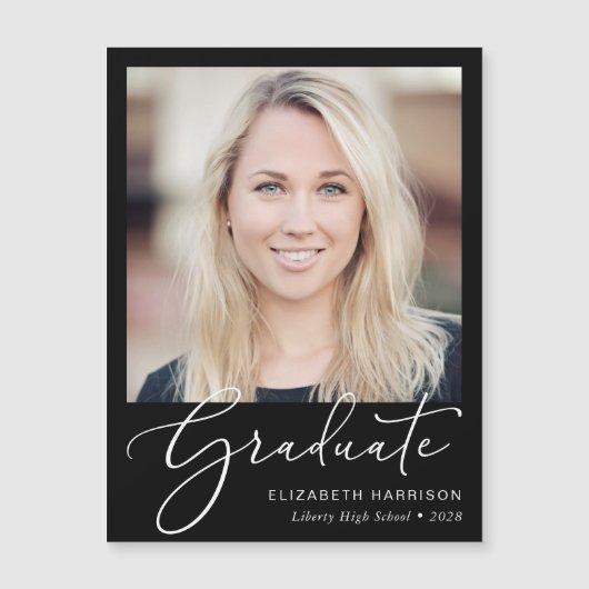 Elegant Script Photo Black Afstuderen Magnet Magnetische Uitnodiging (Voorkant)