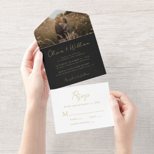 Elegant Script Photo Black Wedding All In One Uitnodiging (Uittrekbaar)