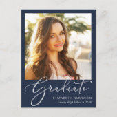 Elegant Script Photo Blue Afstuderen Aankondigingskaart (Voorkant)