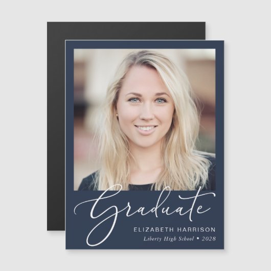 Elegant Script Photo Blue Afstuderen Magnetische Uitnodiging (Voorkant / Achterkant)