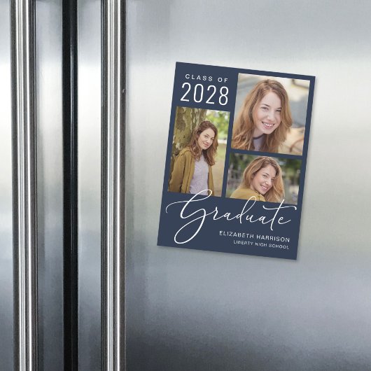 Elegant Script Photo Blue Afstuderen Magnetische Uitnodiging