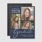 Elegant Script Photo Blue Afstuderen Magnetische Uitnodiging (Voorkant / Achterkant)