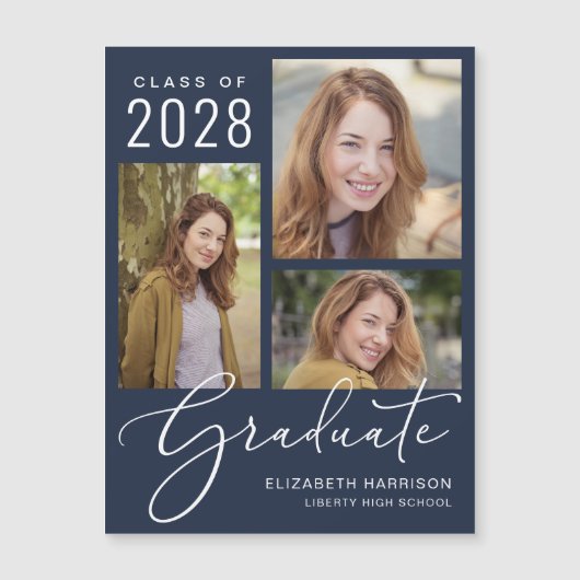 Elegant Script Photo Blue Afstuderen Magnetische Uitnodiging (Voorkant)