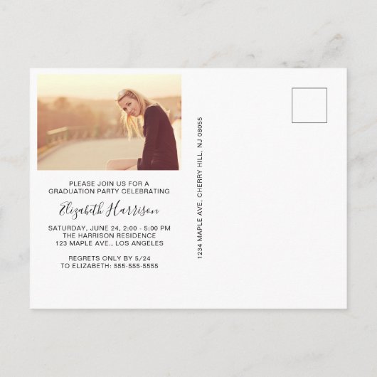 Elegant Script Photo Blue Graduparty Uitnodiging Briefkaart (Achterkant)