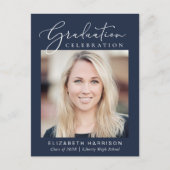 Elegant Script Photo Blue Graduparty Uitnodiging Briefkaart (Voorkant)