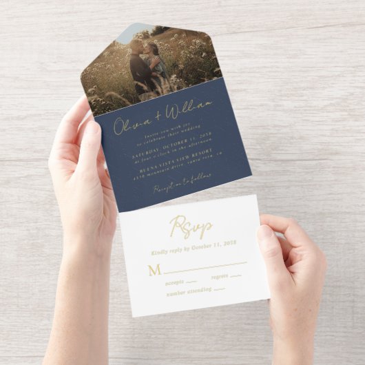 Elegant Script Photo Blue Wedding All In One Uitnodiging (Uittrekbaar)