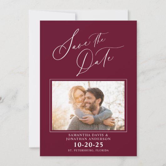 Elegant Script Photo Burgund Wedding Save the Date (Voorkant)