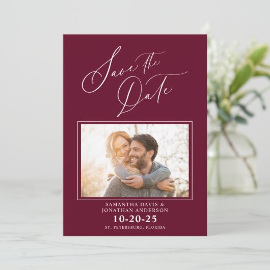 Elegant Script Photo Burgund Wedding Save the Date (Staand voorkant)