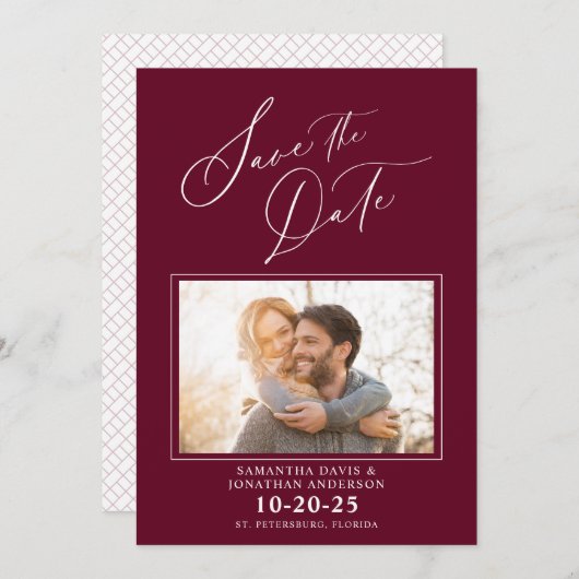 Elegant Script Photo Burgund Wedding Save the Date (Voorkant / Achterkant)