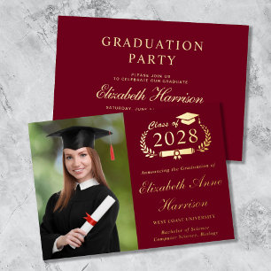 Elegant Script Photo Burgundy Graduparty Folie Uitnodiging