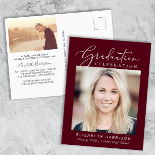 Elegant Script Photo Burgundy Graduparty Uitnodiging Briefkaart