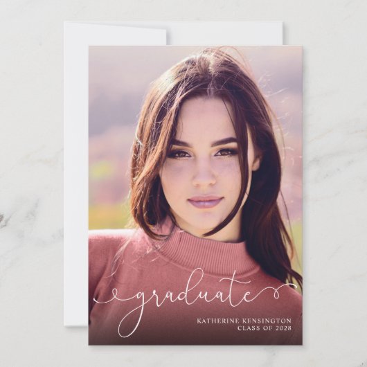 Elegant Script Photo Burgundy Maroon Afstuderen Aankondiging (Voorkant)