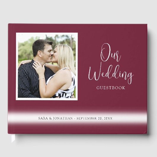 Elegant Script Photo Burgundy Wedding Gastenboek (Voorkant)