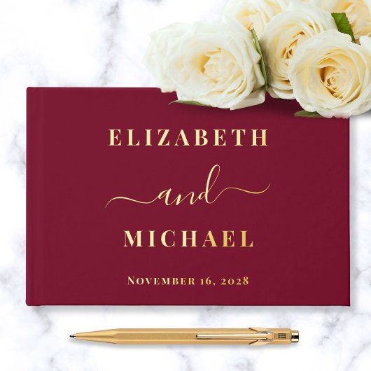 Elegant Script Photo Burgundy Wedding Gastenboek