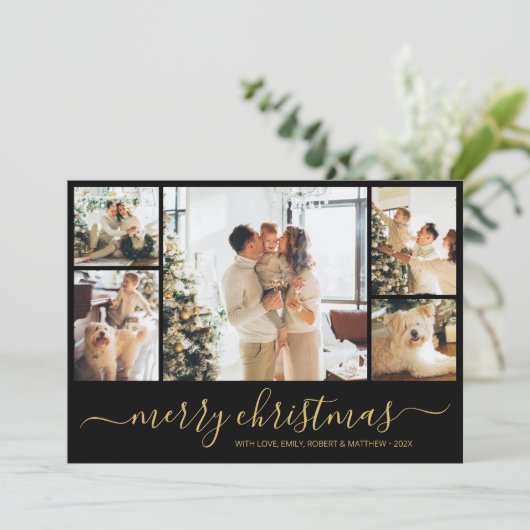 Elegant Script Photo Collage Kerstmis Kaart (Staand voorkant)