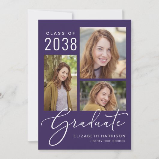 Elegant Script Photo Collage Paars Afstuderen Aankondiging (Voorkant)