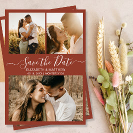 Elegant Script Photo Collage Terracotta Wedding Save The Date