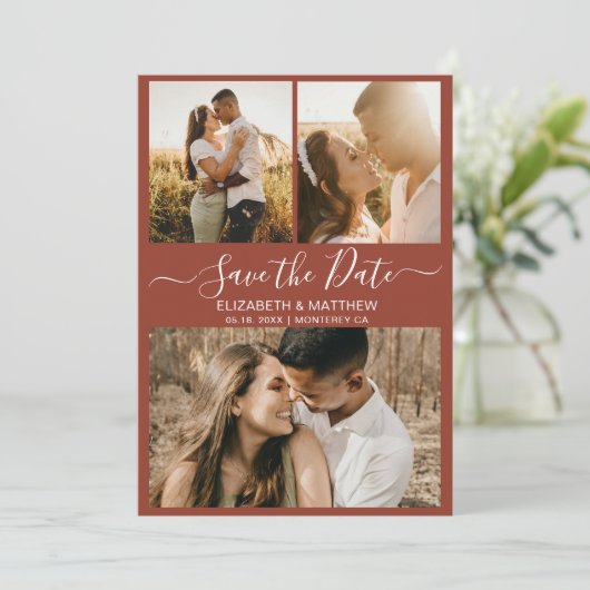 Elegant Script Photo Collage Terracotta Wedding Save The Date (Staand voorkant)
