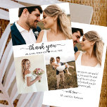 Elegant Script Photo Collage Wedding Hartelijk dan Bedankkaart<br><div class="desc">Elegant, minimalistisch, modern Handgeschreven "Dank u" de Kaart van de Foto van het Manuscript Collage. Stijlvolle bruiloft bedankt je sjabloon met drie (3) foto op de voorkant en één (1) foto op de achterkant. Met een tekst van "Dank u" in een zwiepende lettertypografie of kalligrafiescript swash tail font in black...</div>
