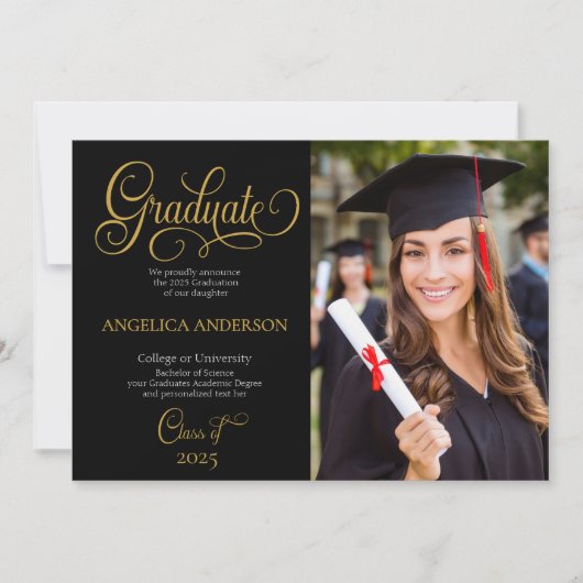 Elegant Script Photo College University Afstuderen Aankondiging (Voorkant)