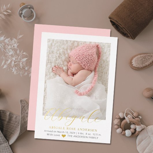 Elegant Script Photo Girl Baby Birth Announement Folie Uitnodiging