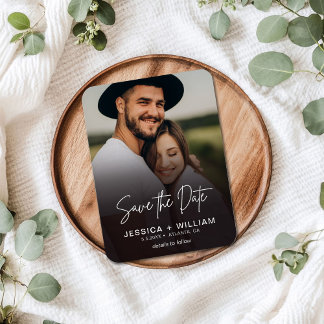 Elegant Script Photo Gradient Save the Date Magneet